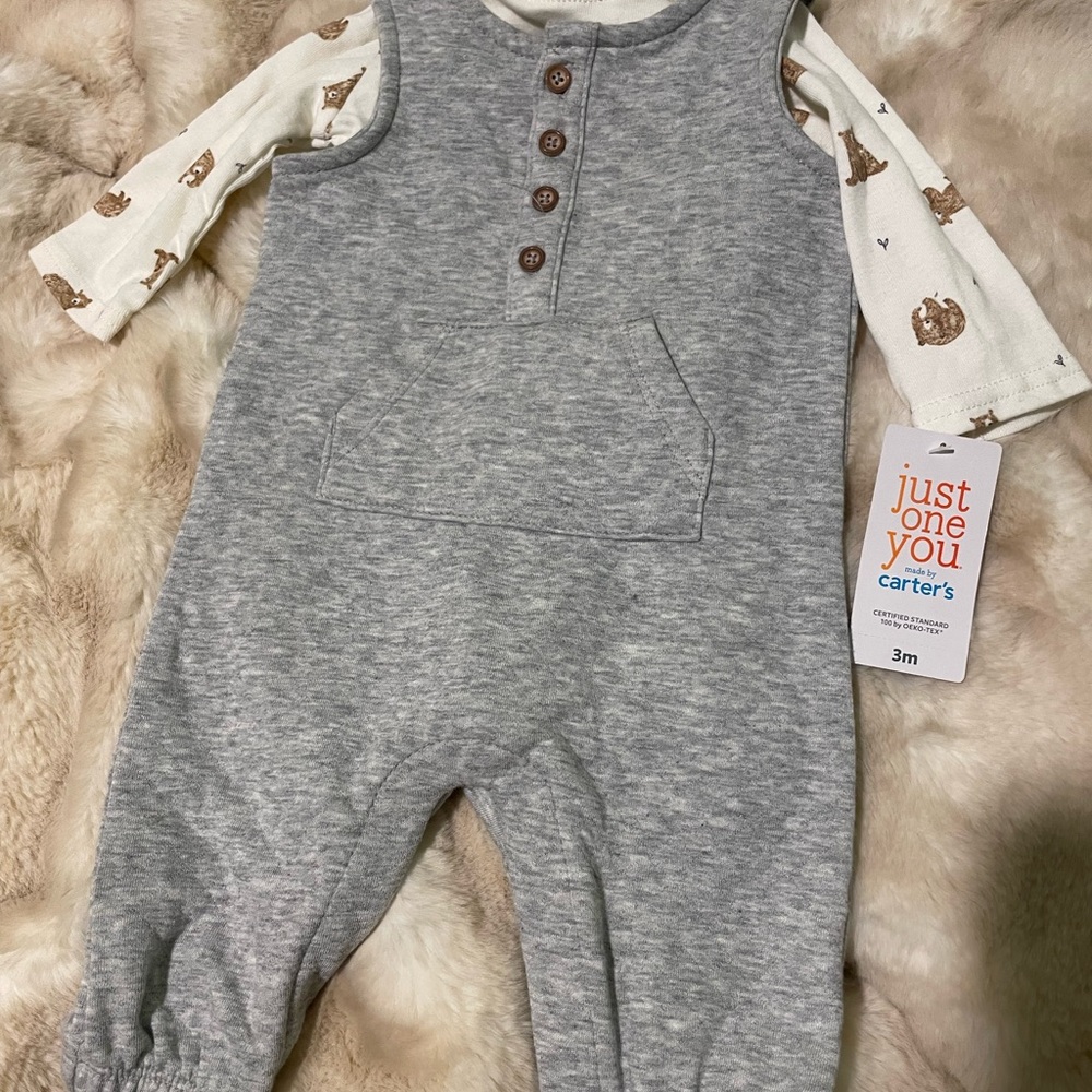 Carter's Gray Romper with Cream Animal Print Sleeves